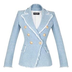 Balmain Blue Denim/Tweed Double-Breasted Blazer with Gold Snap Buttons